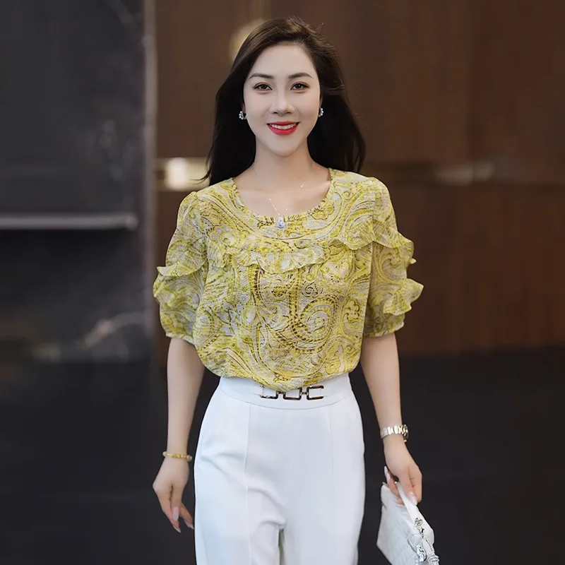 แฟชั่นผู้หญิงครึ่งแขนเสื้อชีฟอง,2025 ฤดูร้อนใหม่หลวมอเนกประสงค์บางรอบคอเสื้อ