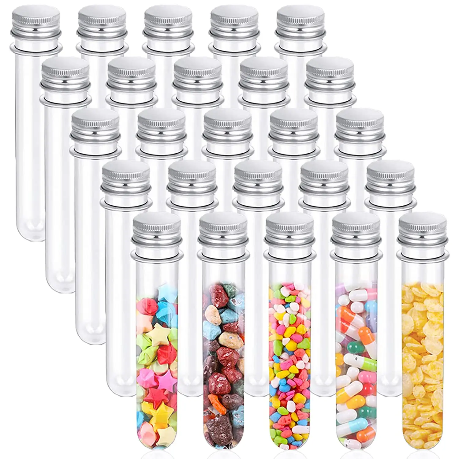 24pcs/40ml Excellent Plastic Transparent Test Tubes With Aluminum Cap Bottles School Supplies Lab Equipments 25x140mm