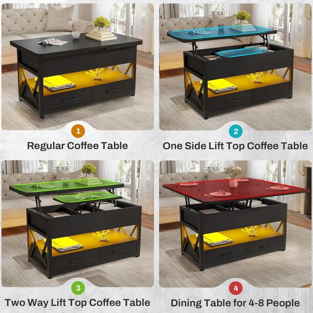 LED 4 in 1 Coffee Tables with Storage, 40 Inc Lift Top Coffee Table, Small Coffee Table with 2 Drawers for Diner, Reception Room