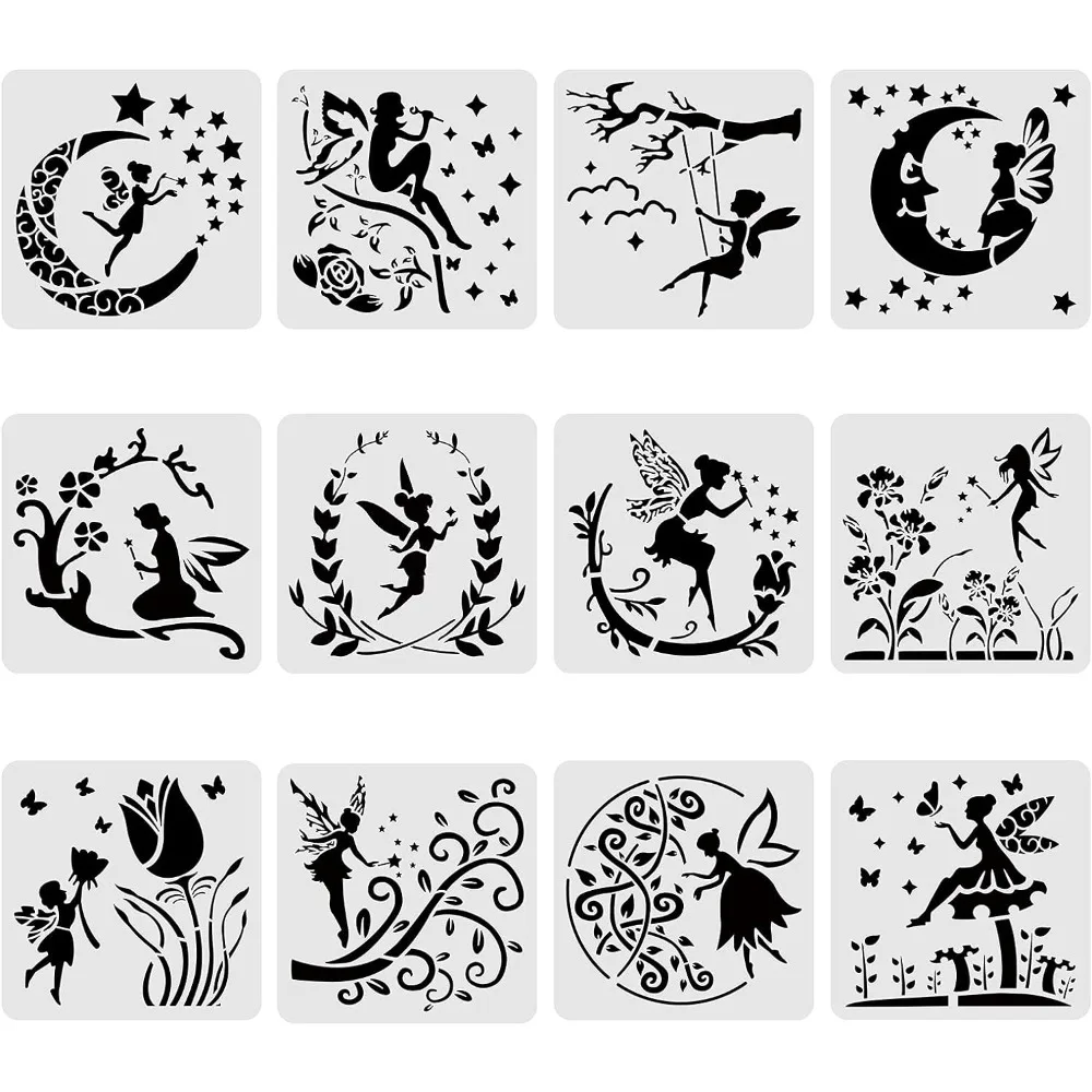 12PCS Plastic Drawing Templates 12x12 Inches Angel & Fairy Moon Flowers Pattern Painting Template Stencil for Scrabooking Card