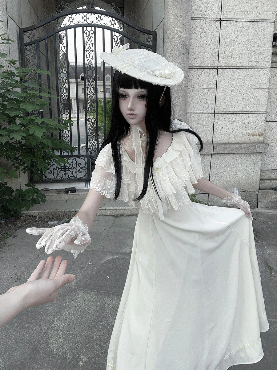 Reddachic babados tripulação pescoço feminino vestido longo lolita ponto laço arco rendas até mangas curtas plissados midi vestido longo roupas vintage