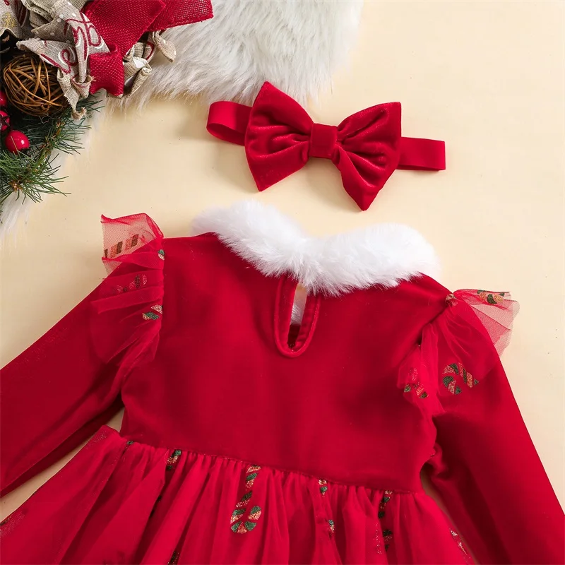 Suefunskry Baby Girl Christmas Dress Long Sleeve Plush Round neck Tulle Dress + Headband Set Infant Fall Winter 2Pcs Outfits