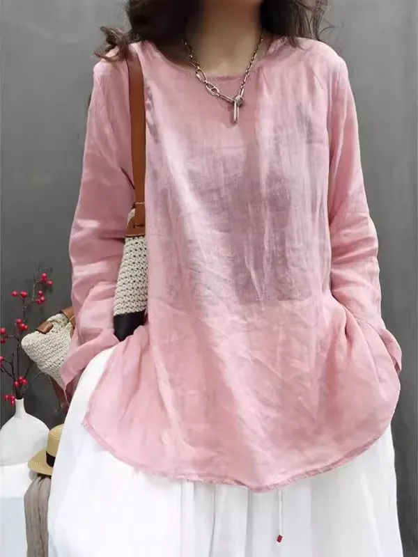 Summer Thin Cotton Linen Long Sleeve Loose T-Shirt Women's Fashion Slimming Top Comfortable Breathable round Neck Shirt