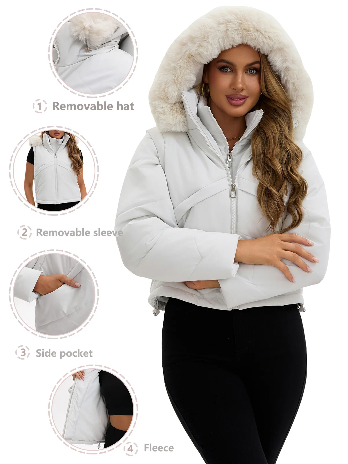 2025 New Fashionable Detachable Sleeve Cotton-Padded Jacket Warm Hooded Short Autumn Winter Coat for Women