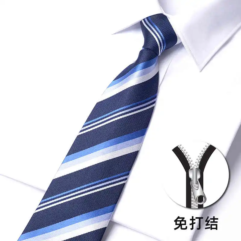 

High Quality Blue Wide Stripe Zipper Necktie For Men 8CM Standard Business Banquet Formal Shirt Accessories Knot Free Cravat