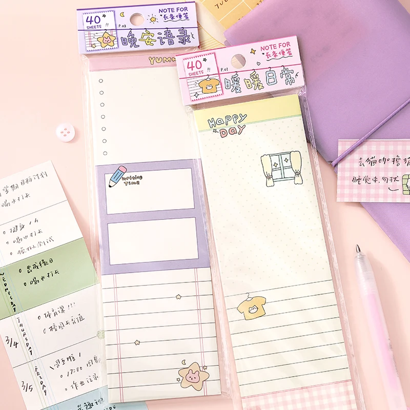 40pcs Long strip sticky notes, happy fragmented notes series, fresh, cute, simple, functional partition writing sticky notes