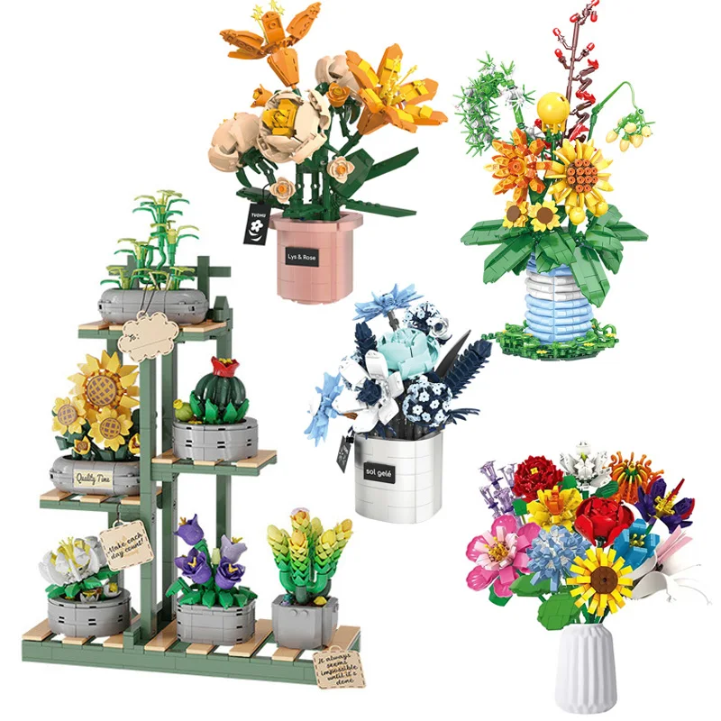 

Flower Series Potted Bouquets Building Blocks Set Assembly Room Ornaments Lily/Rose/Sunflower Puzzle Toys Mini Bricks Girl Gifts