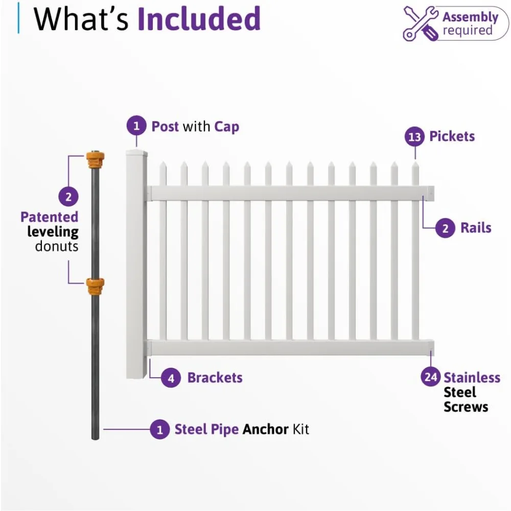 طقم سياج من الفينيل بطول 4 أقدام ارتفاع × 6 أقدام - لوحة واحدة + 1 عمود، مدلاة بيضاء، سهلة التركيب بنفسك