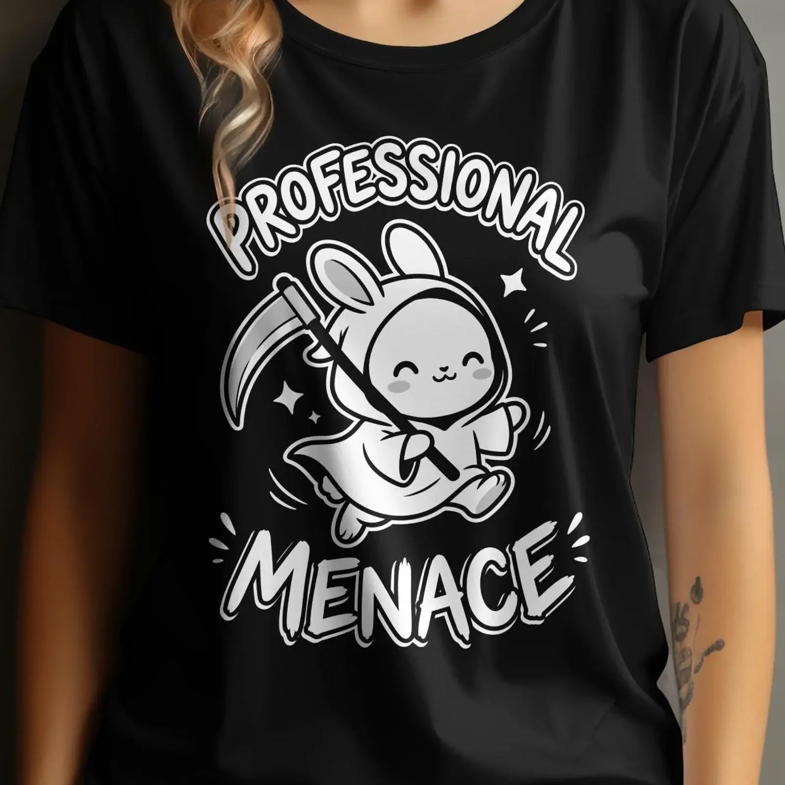 Grim Reaper Bunny Professional Menace T Shirt Dark Humor Kawaii vintage Washed Top For Everyday Wear Breathable Casual homme