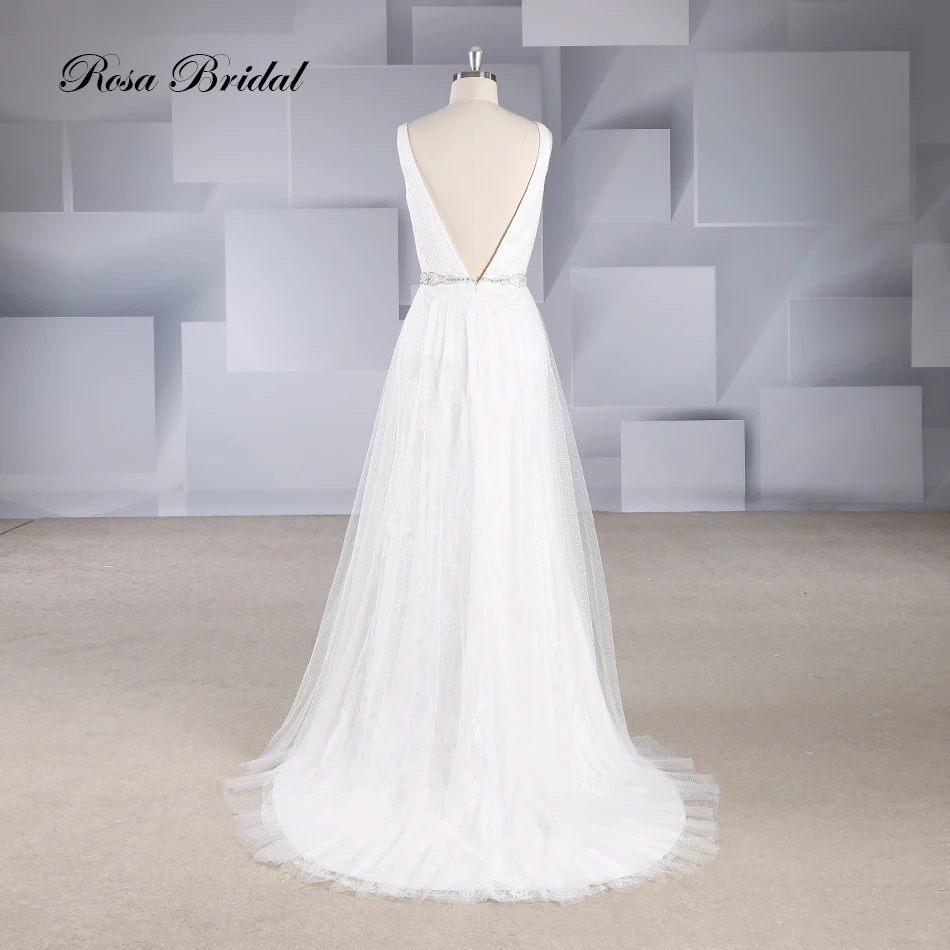 V-Neck Backless Beaded Belt A-Line Wedding Dress