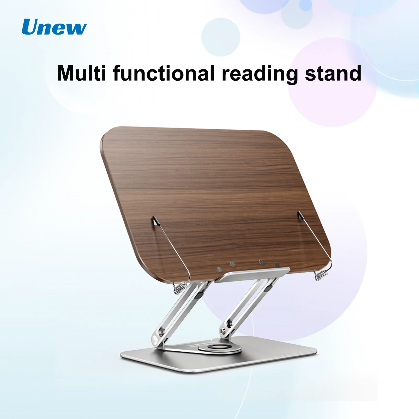 unew-360°-rotating-adjustable-book-stand-foldable-desktop-teaching-reading-holder-with-elastic-page-clips