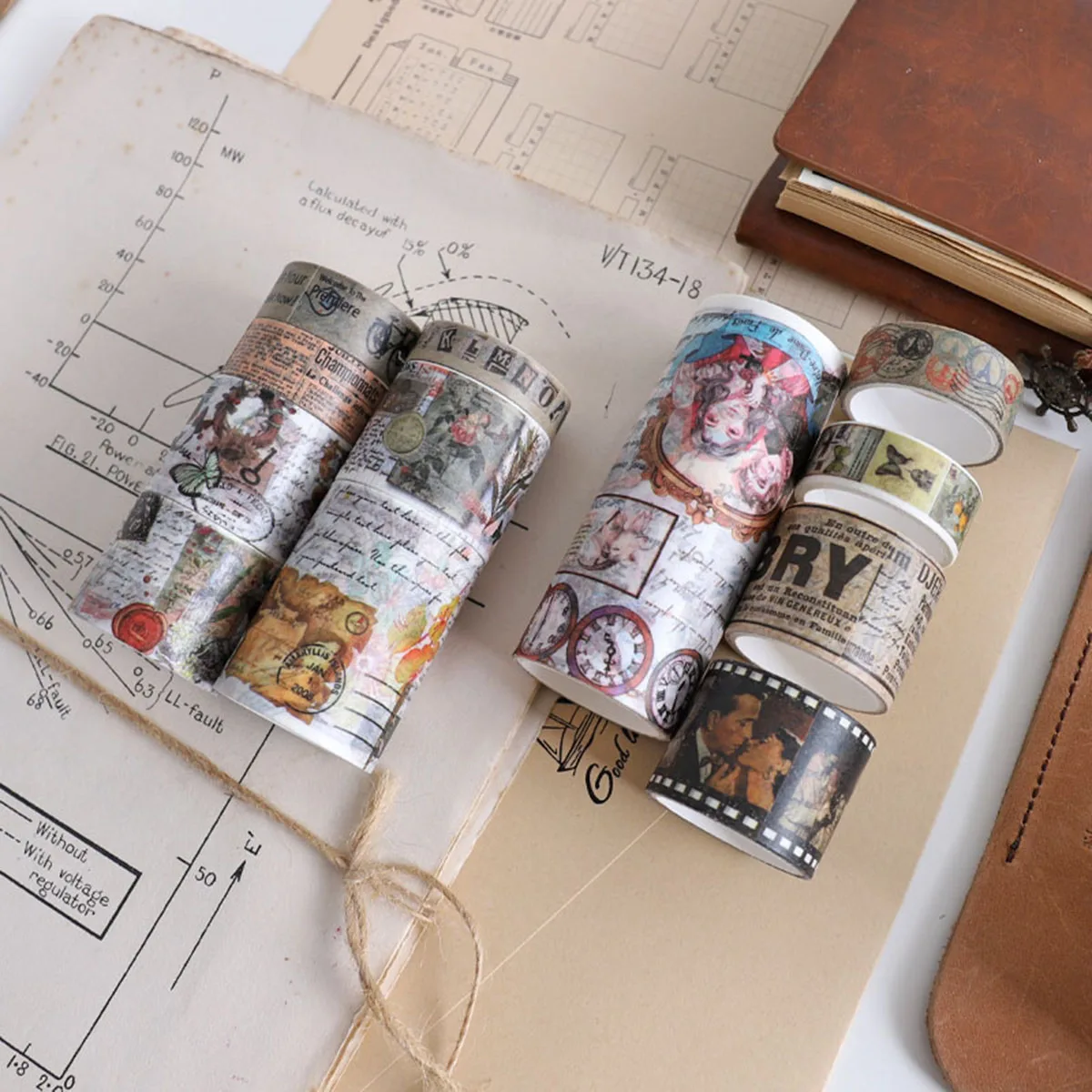 12 لفة/صندوق من شريط واشي ذو طابع عتيق، مشاهد وأنماط مختلفة، مواد تزيين سجل القصاصات المصنوعة يدويًا.