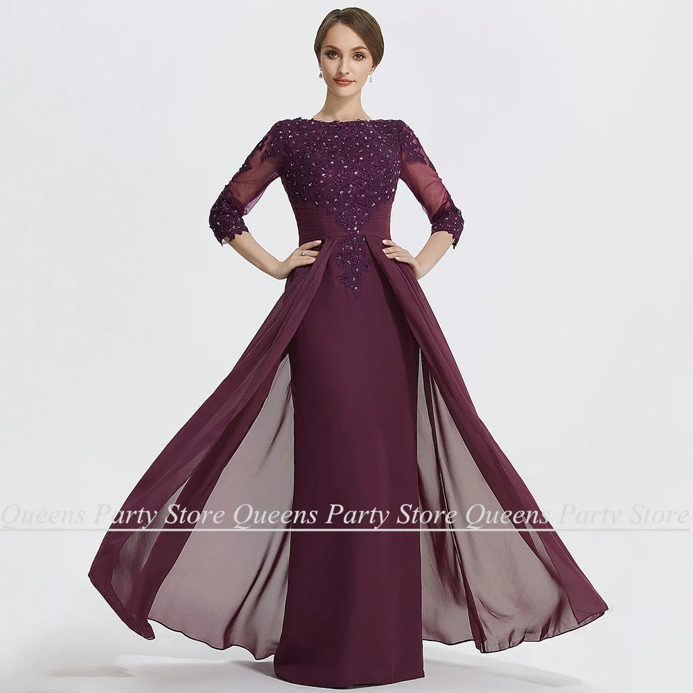 

Grape Purple Mother of The Bride Dress 3/4 Sleeves Scoop Neck Beads Applique Pleat Chiffon Wedding Guest Gown Party Dresses