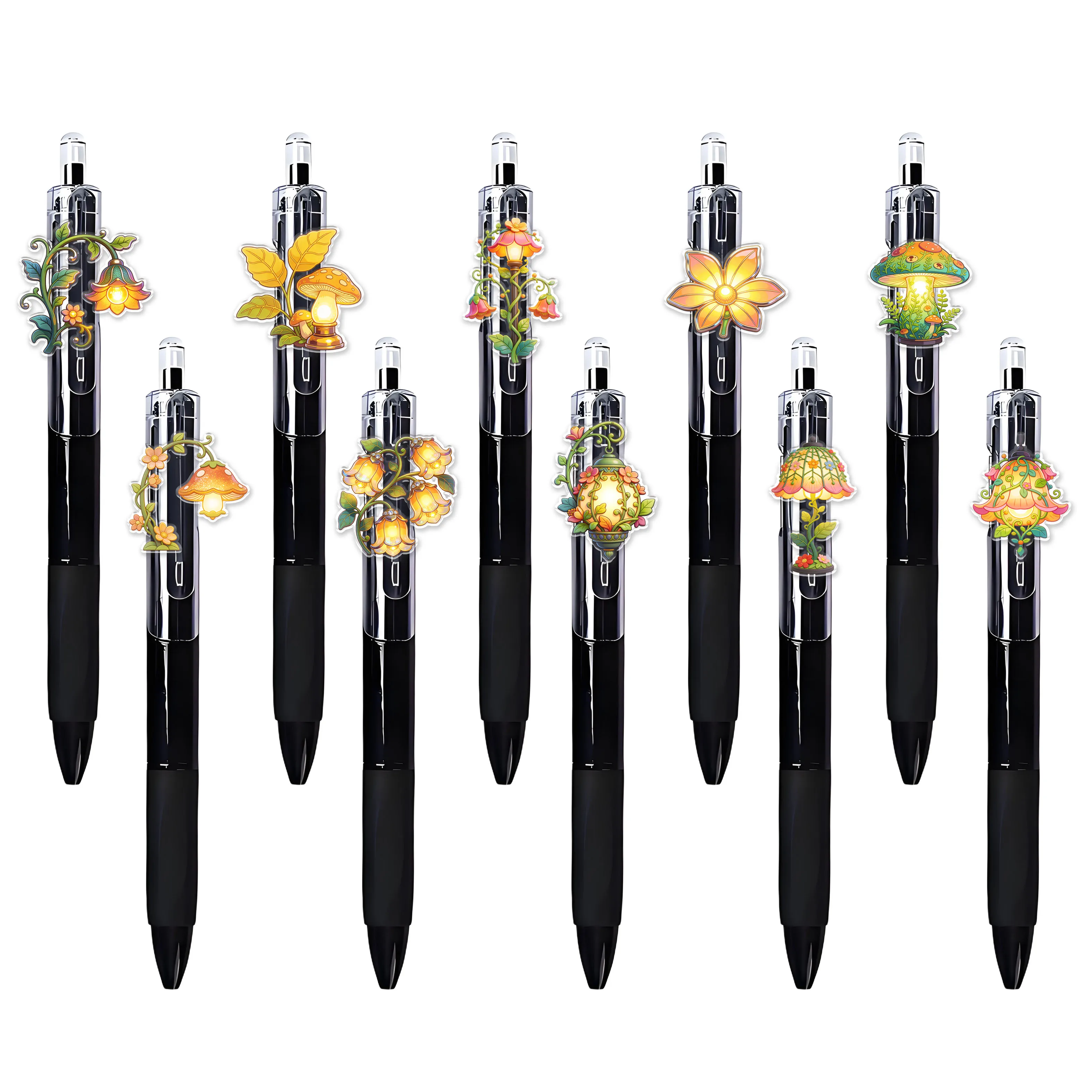 

10/14pcs Flower Light Design Retractable Black Ballpoint Pens, Creative Plant Light-up Writing Pens for Students & Office Use