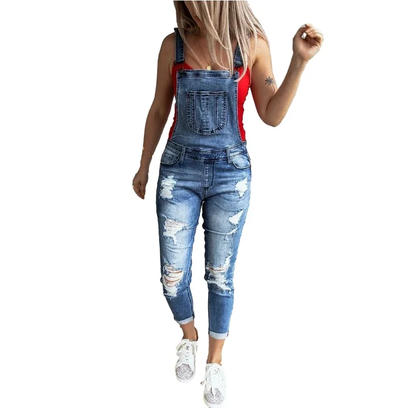 Macacão jeans feminino 2024 jeans rasgados senhora macacão elástico denim calças de uma peça suspender feminino macacão streetwear