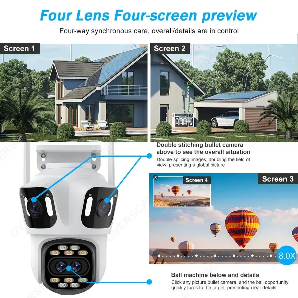 16MP 8K Four Lens WiFi Surveillance IP Camera Outdoor 8X Hybrid Zoom IP PTZ Camera Auto Tracking 4 Screen Security Camera iCSee