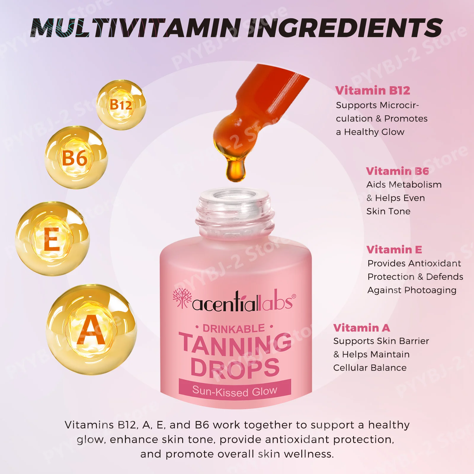Drinkable Tanning Drops with Vitamins A, B12, B6, and E for Skin Wellness & Gradual Natural Glow Sun-Kissed 50 ML for Daily Use