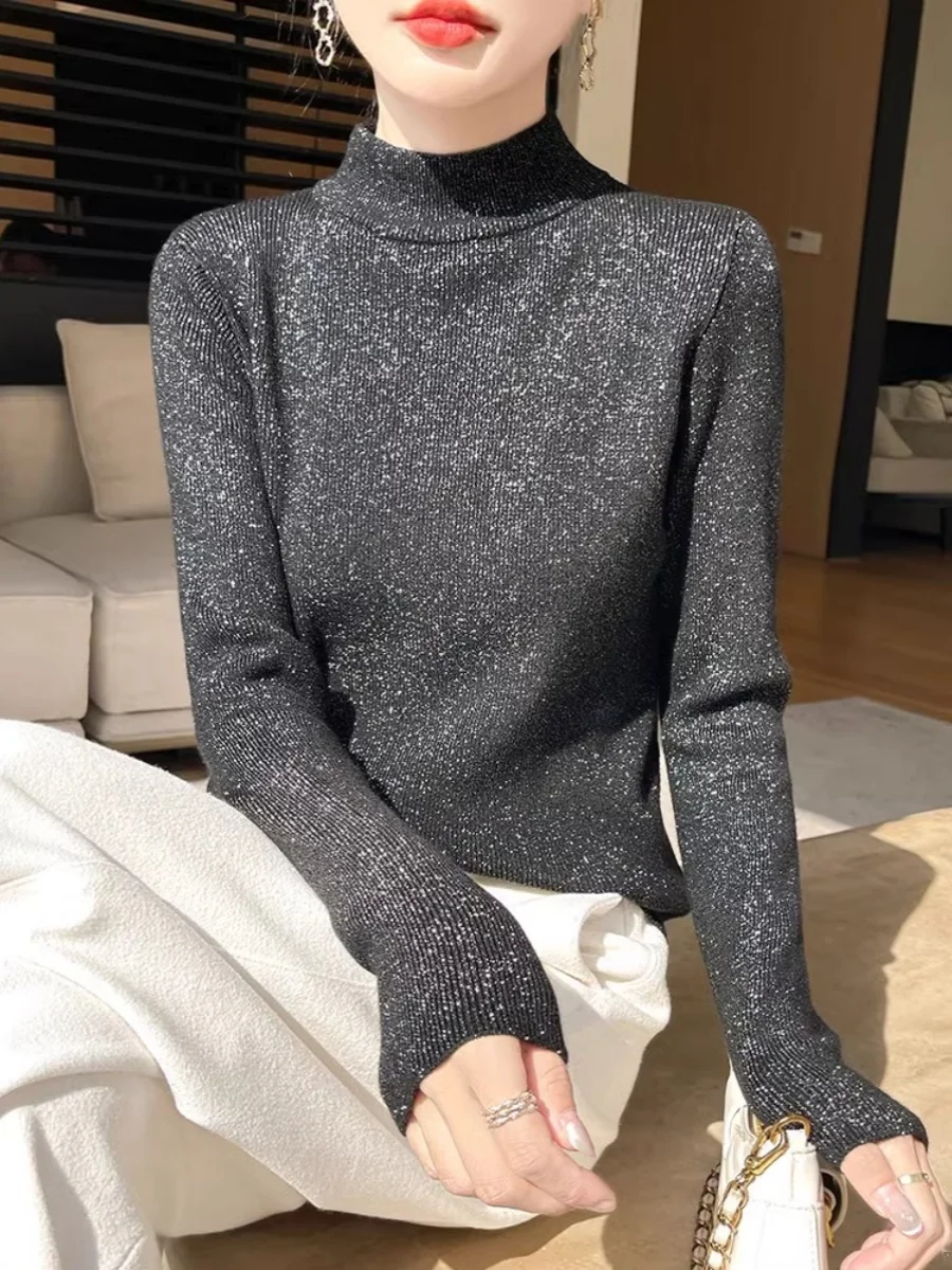 inje soie scintillante Faionable col semi-haut Base pour femmes irt vêtements intérieurs pull tricoté à la mode manteau assorti automne W...