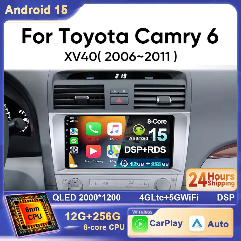 

Для Toyota Camry 6 XV 40 50 2006-2011 Android 15 Автомобильный радиоприемник WIFI 4G Навигационный головной убор Carplay Стерео Android Auto Wireless QLED