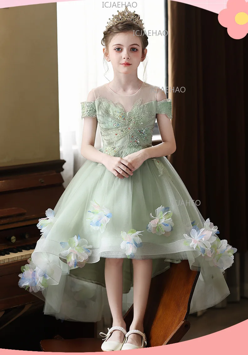 Girls Princess For Kids Host Piano Performance Outfit  Birthday Party Banquet   Dress Dress Green 3D Floral Design Formal Gown