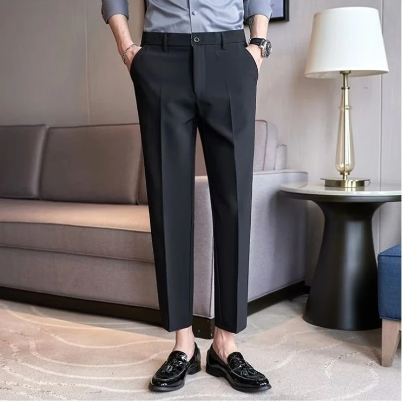 Men's Business Fashion Versatile Trendy Slim Fit Casual Cropped Trousers Wrinkle-Free Premium Drape Dress Pants