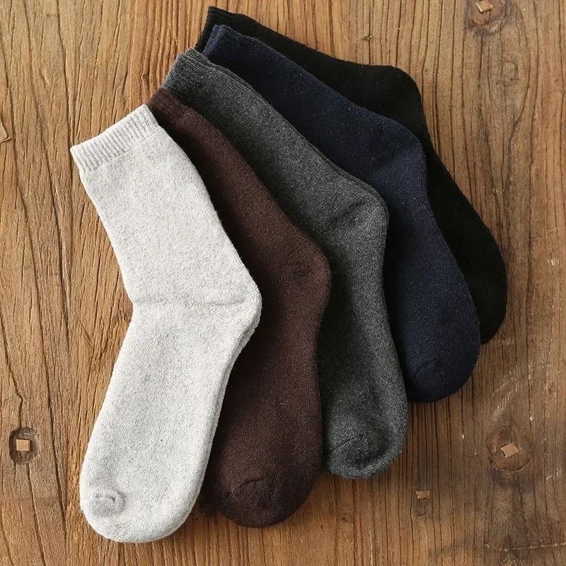 5Pairs Men Solid Color Thick Winter Thermal Sock Classic Business Design Heat Retention Warm Socks For Office Daily Outdoor Wear