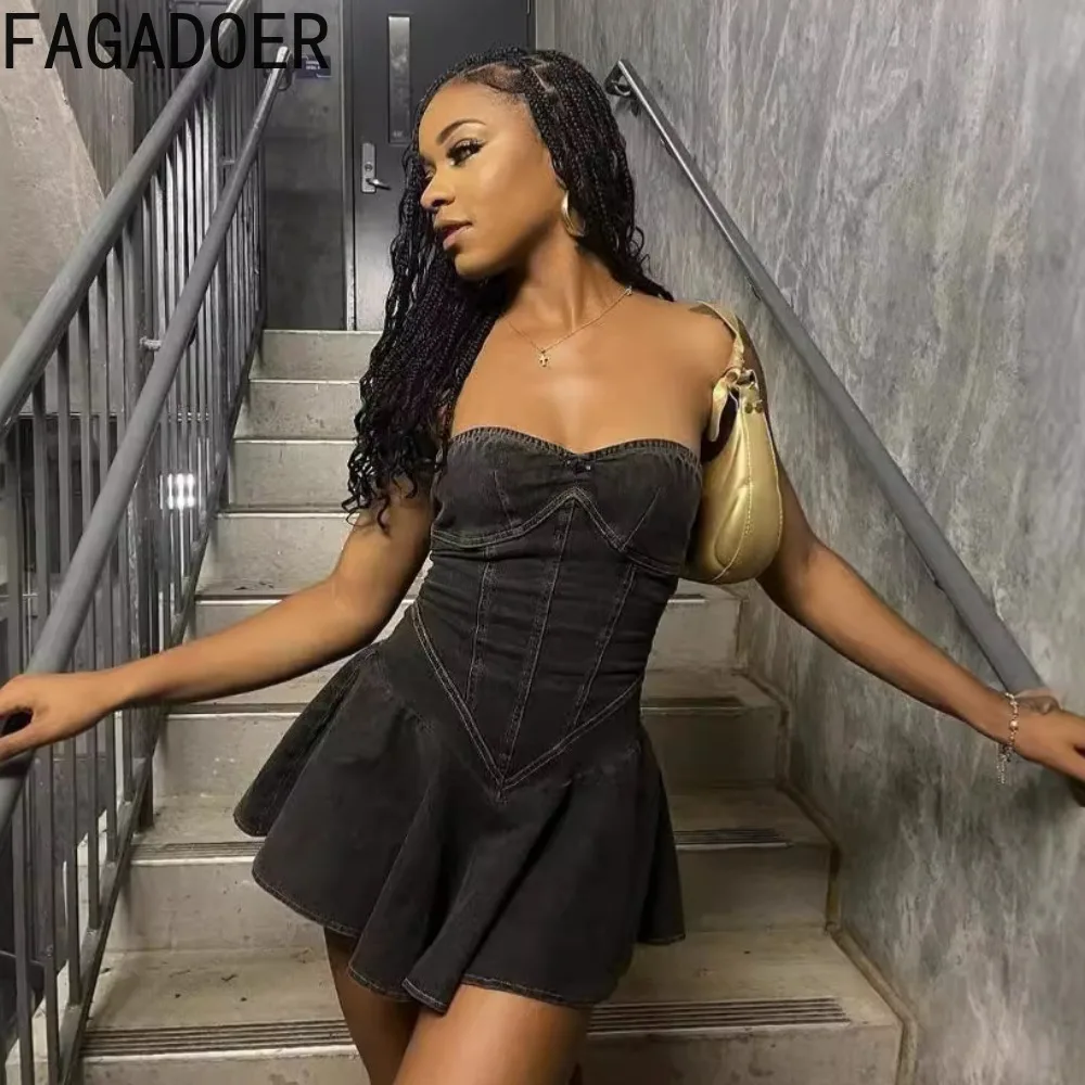 FAGADOER Y2K Denim Fashion Tube Ruched Mini Dresses Women Sleeveless Backless Ruffle Vestidos Female Bodycon Cowboy Streetwear