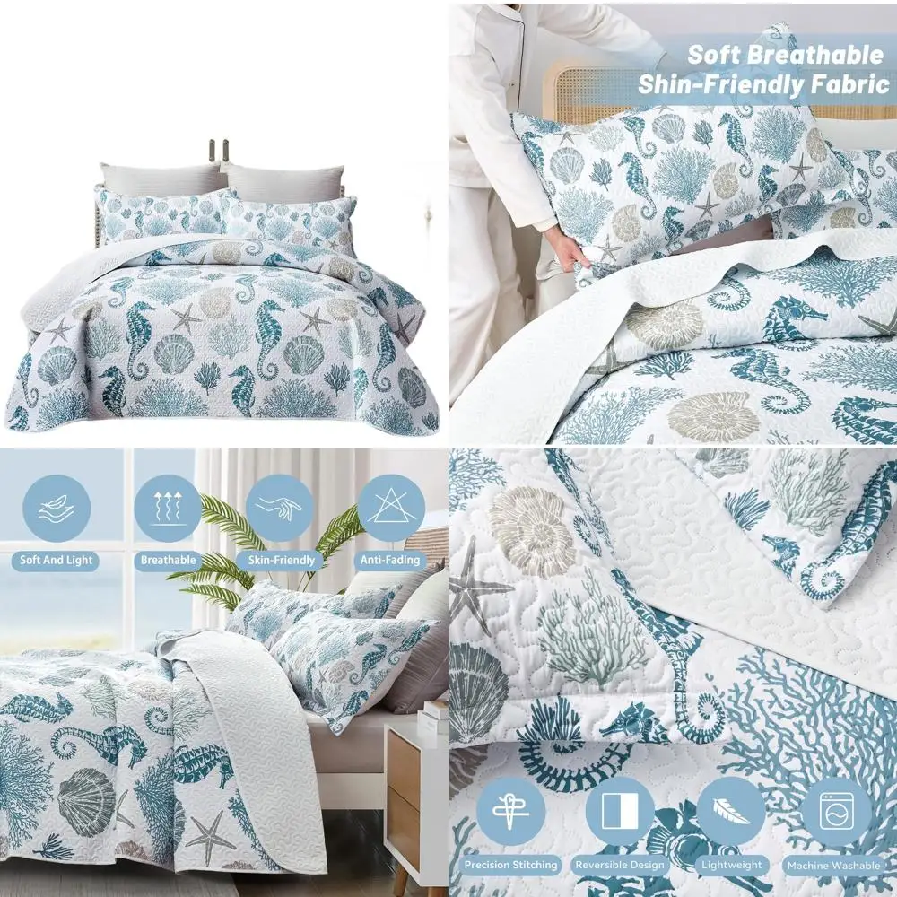 

Queen Size Nautical Ocean Quilt with 2 Shams, Blue Seahorse Bedspread, 90x96 Summer Coastal Bedding