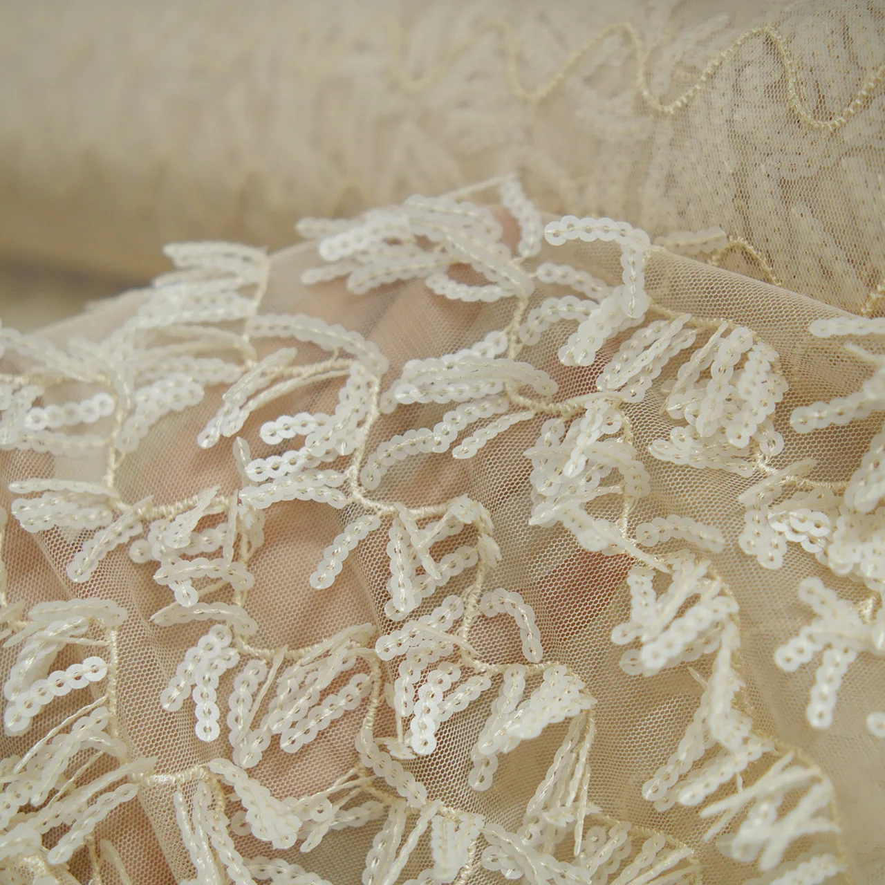 Luxury Leaf Vine Sequin Embroidered Mesh Fabric Romantic Lace Net for Wedding Formal Gown Elegant Couture Clothing Material