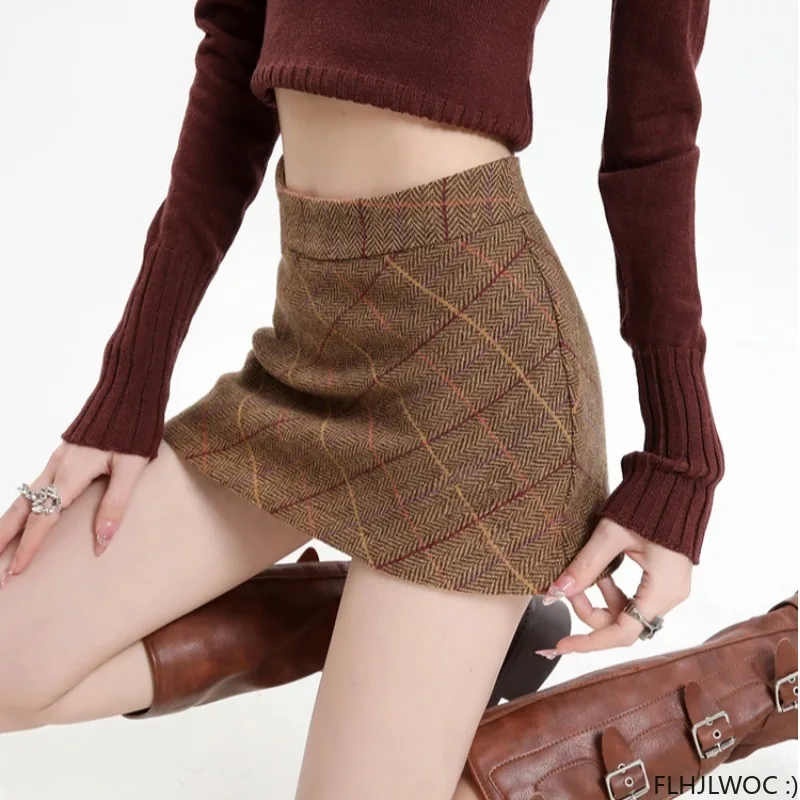 New Year 2024 Hot Sales Woman Spring Summer Plaid Skirts FLHJLWOC Design High Waist One-Step Woolen Cloth Cute Mini Skirt