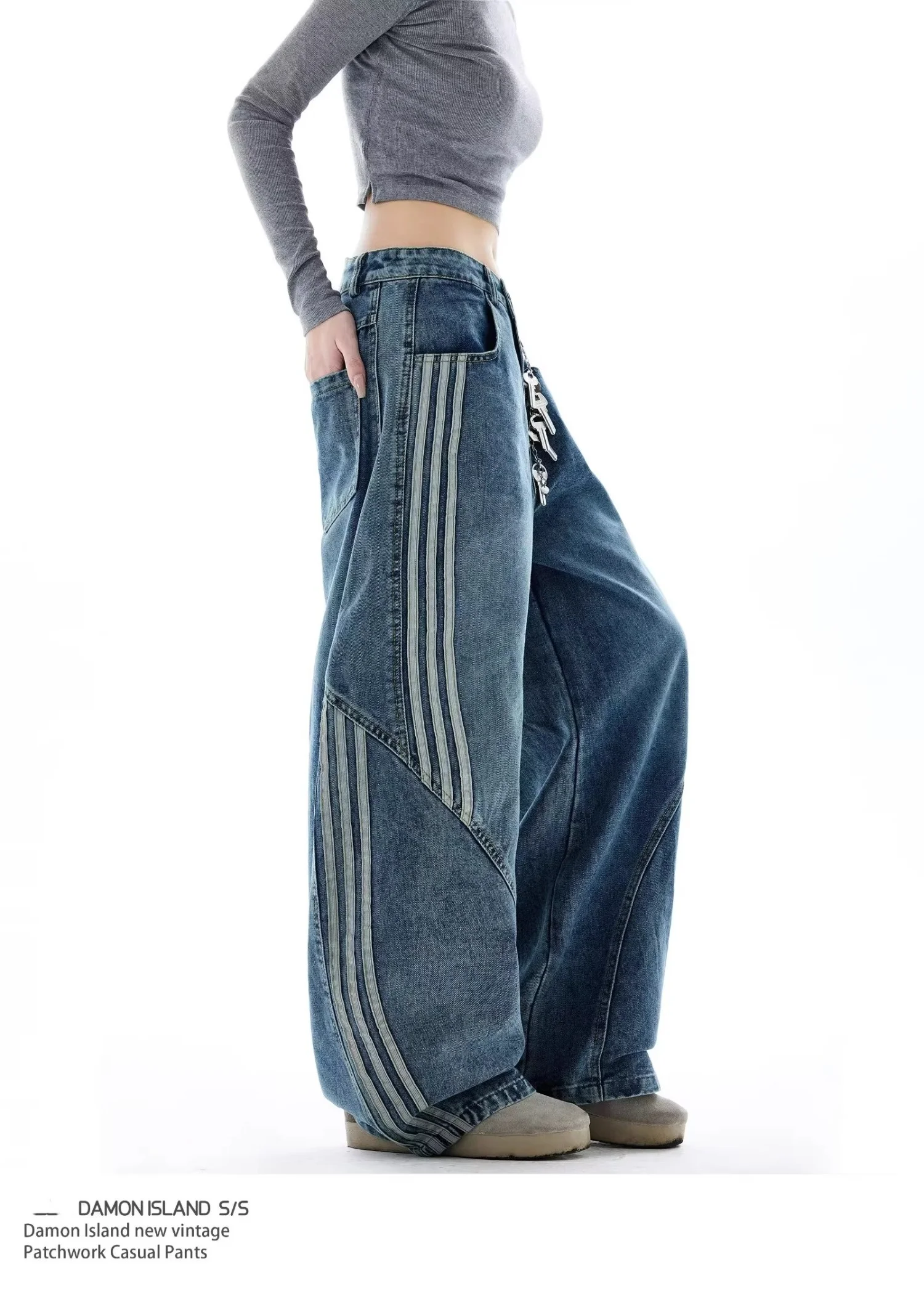 Dżinsy damskie w paski w stylu amerykańskim vintage, szerokie spodnie typu scimitar z trójwymiarowym krojem, luźne spodnie codzienne.