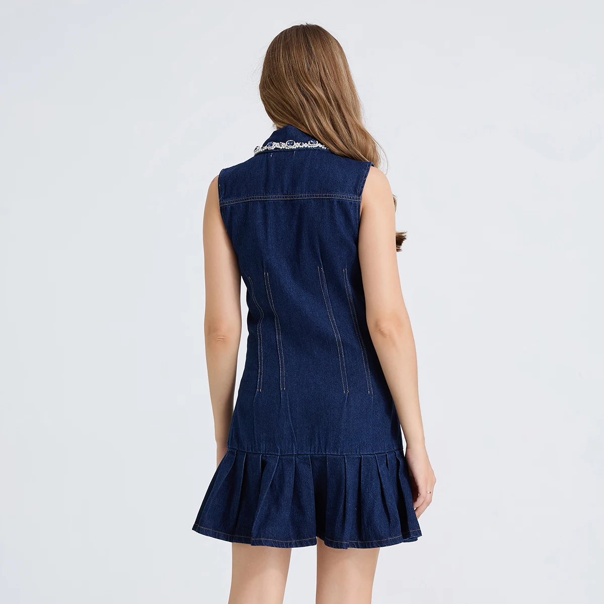 Luxe Diamond Crystal Kralen Prom Party Jurk voor Vrouwen Zoete Mouwloze Denim Tank Gewaad Single Breasted Ruches Mini Vestidos