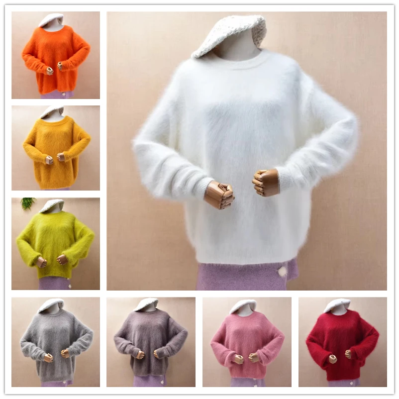 

Женская осенне-зимняя одежда, зеленый пушистый шерстяной вязаный пуловер из ангоры с круглым вырезом и длинными рукавами, свободный свитер, джемпер