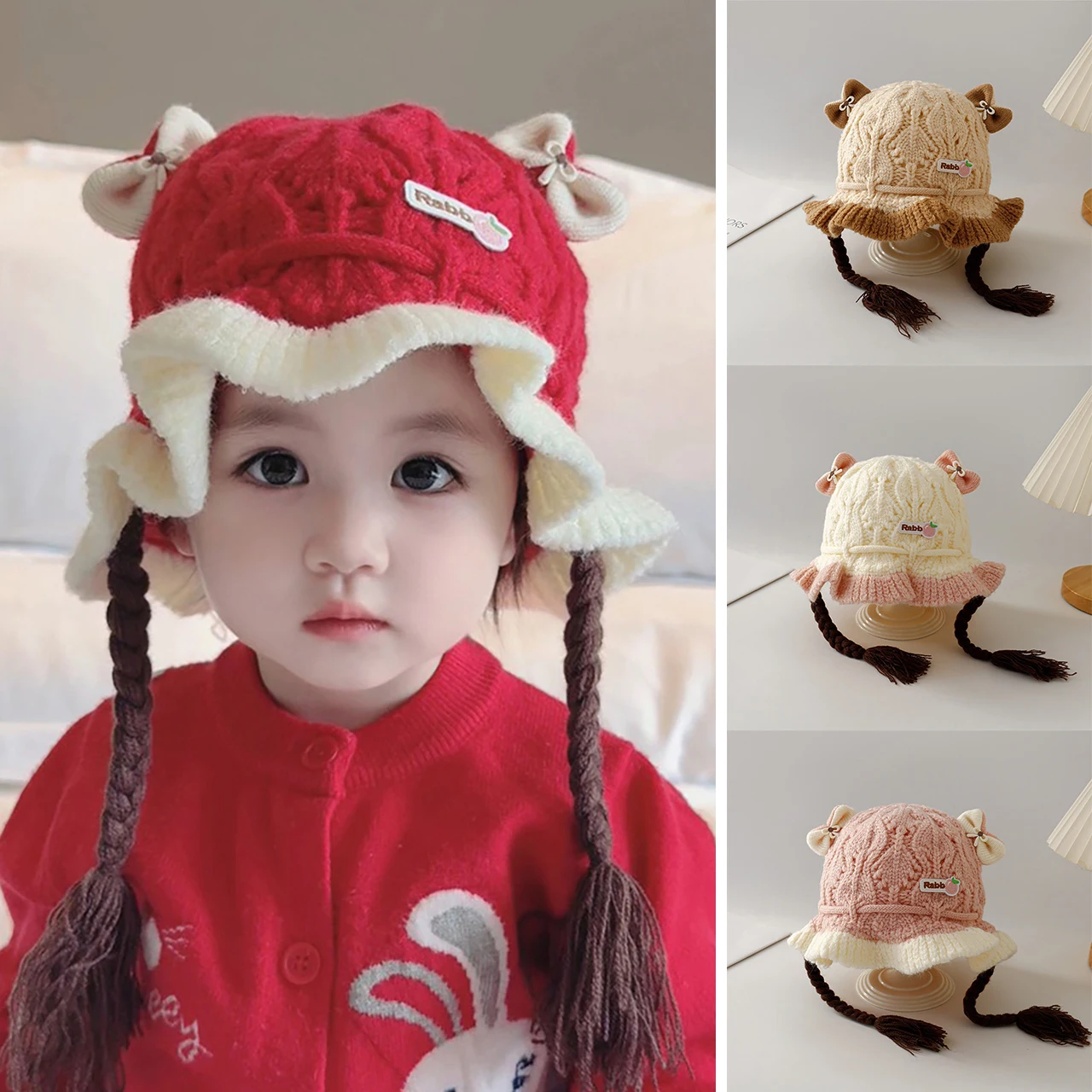 

Sweet Baby Girl Wig Braid Cap Winter Warm Kids Knitted Hat 6-30Month Toddler Ruffle Brim Fisherman Hats Cute Bow Children Beanie