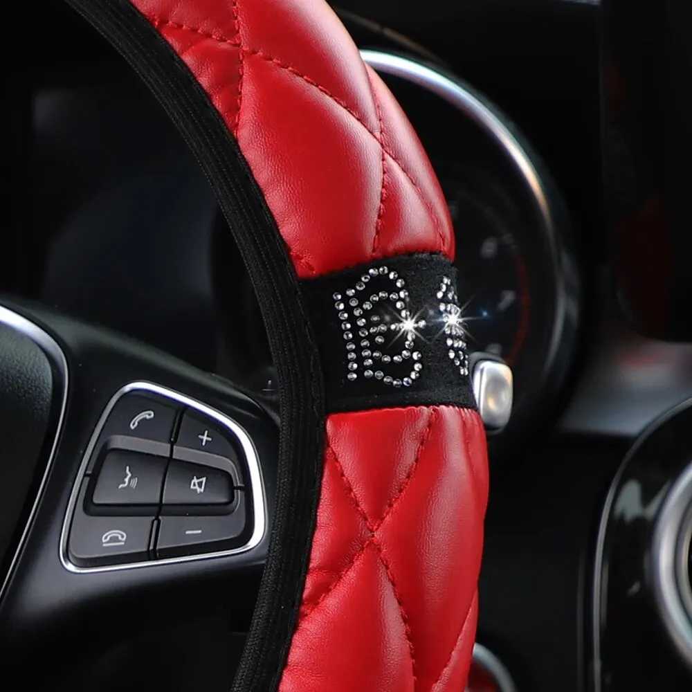 Comfortable Soft Artificial Diamond Leather Crown Car without Inner Ring Steering Wheel Cover Jewelry Suitable for 14.5-15inch