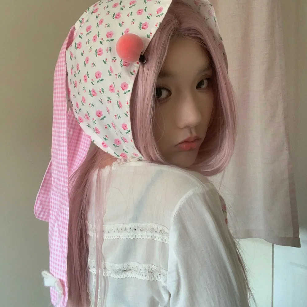 

Turban Y2K Korean Lop Ear Rabbit Hat Bowknot Sweet Floral Hair Scarf Peach Polka Dot Pullover Cap Vacation