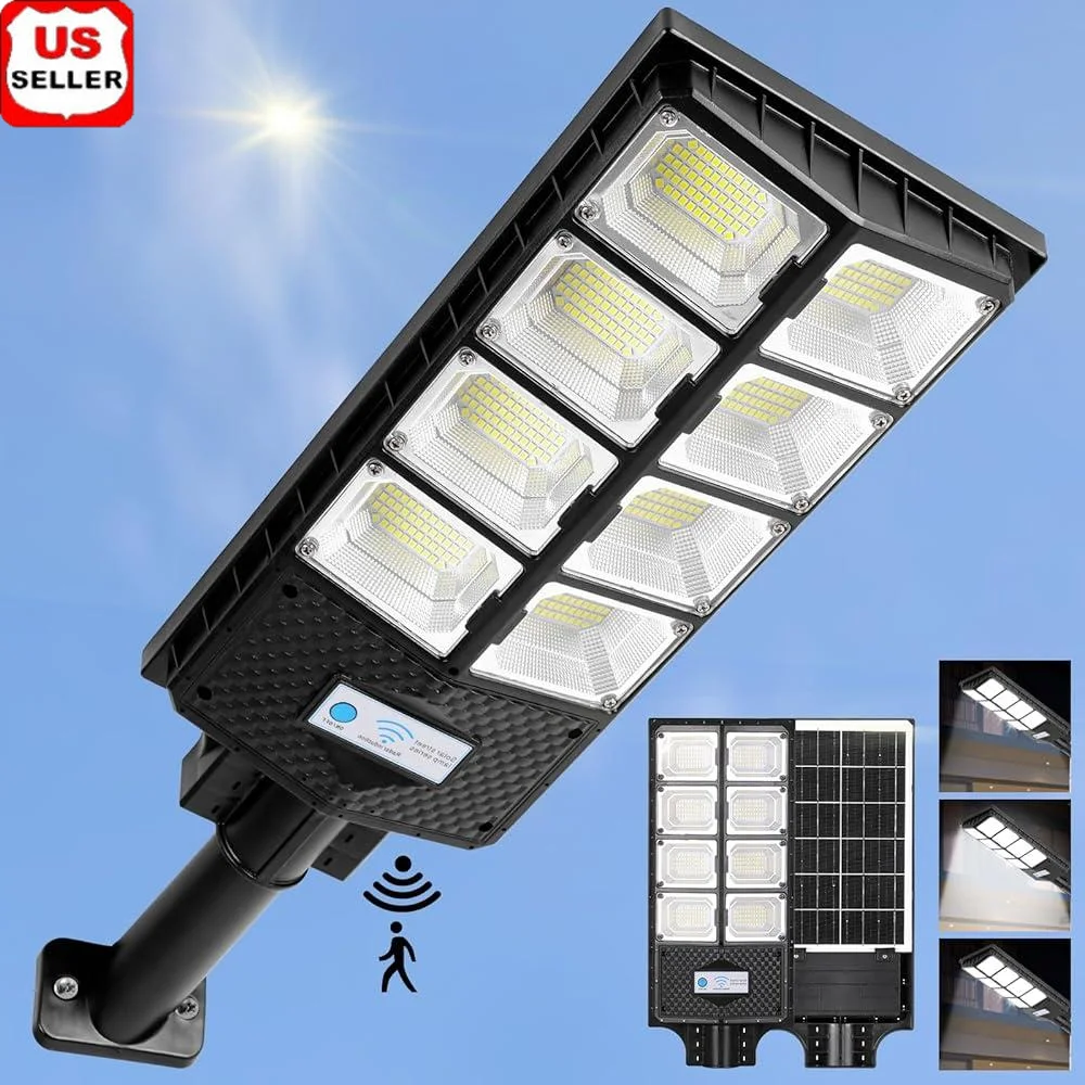 

Солнечные уличные фонари, уличные водонепроницаемые 10000 лм, 448 светодиодов, датчик движения от сумерения до рассвета, дистанционное управление, прожектор, парковка, гараж