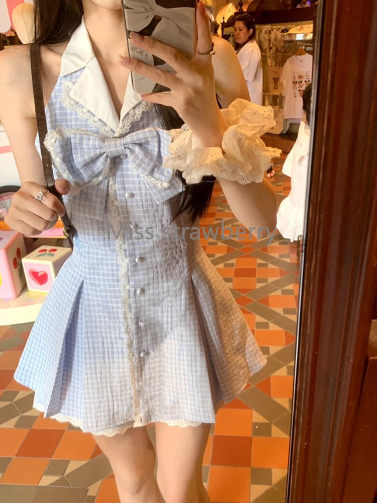 فرنسا أنيقة منقوشة فستان نحيل المرأة الصيف الحلو الخامس الرقبة أكمام الأزرق فساتين رقيقة تصميم موضة القوس كشكش ملابس جديدة