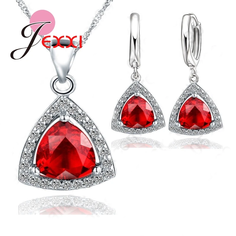Pure 925 Silver Color Jewelry Sets Shiny Triangle Cubic Zirconia Necklace Earrings Bridal Women Wedding Jewellery