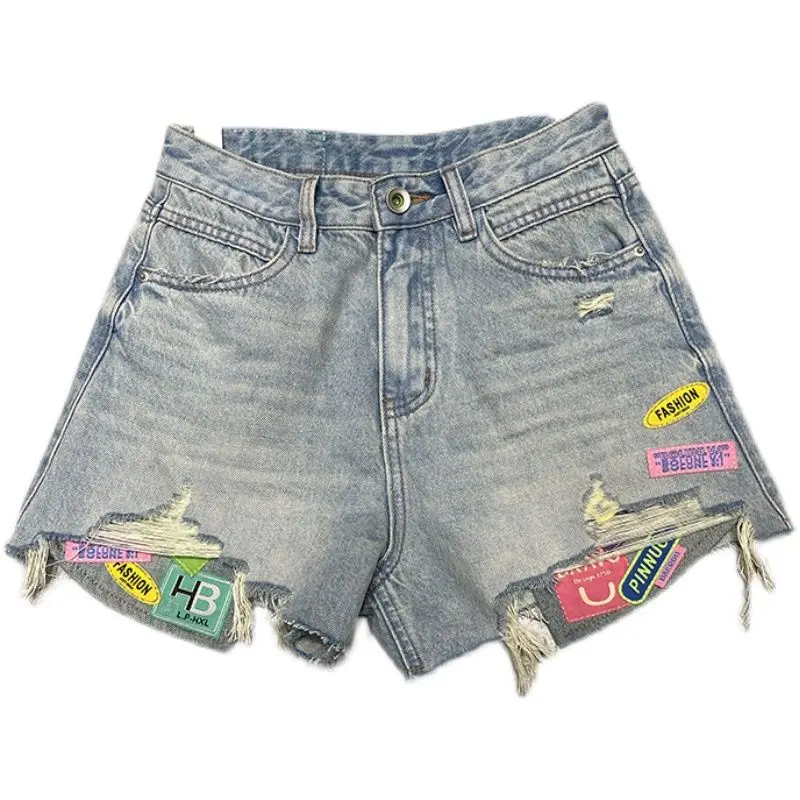 High Street Female Hit Color Patchwork Ripped Denim Shorts Women New Summer High Waist Casual Loose Wide Leg Short Jeans