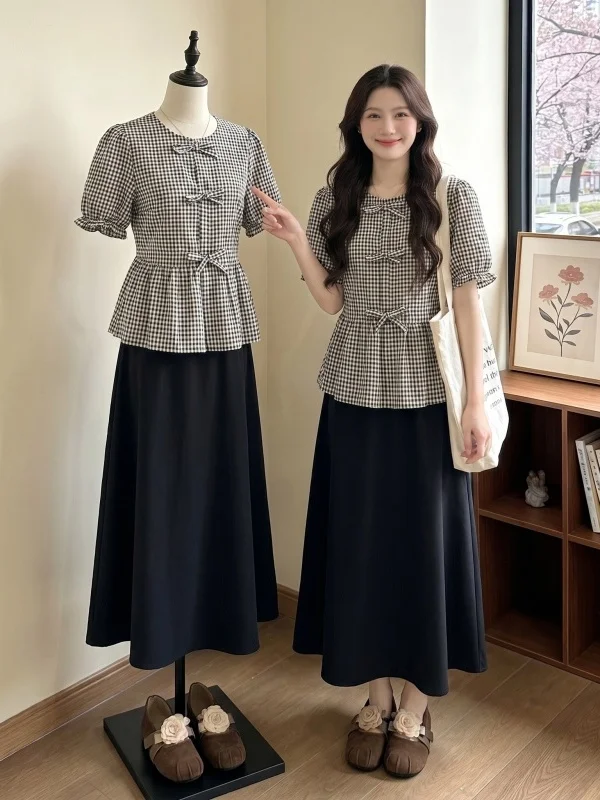 

Summer Fashion Checkered Doll Shirt And Skirt Set Large Size Women's Clothing Knot Two Piece Set Younger Looking