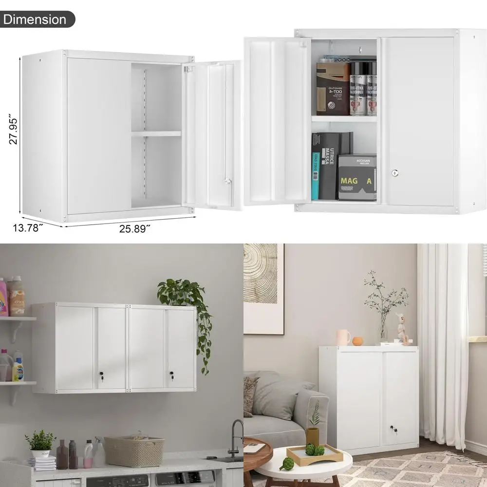 

Double-Door Metal Wall Cabinet with Lockable Storage and Adjustable Shelves for Garage, Laundry, Kitchen, and Basement