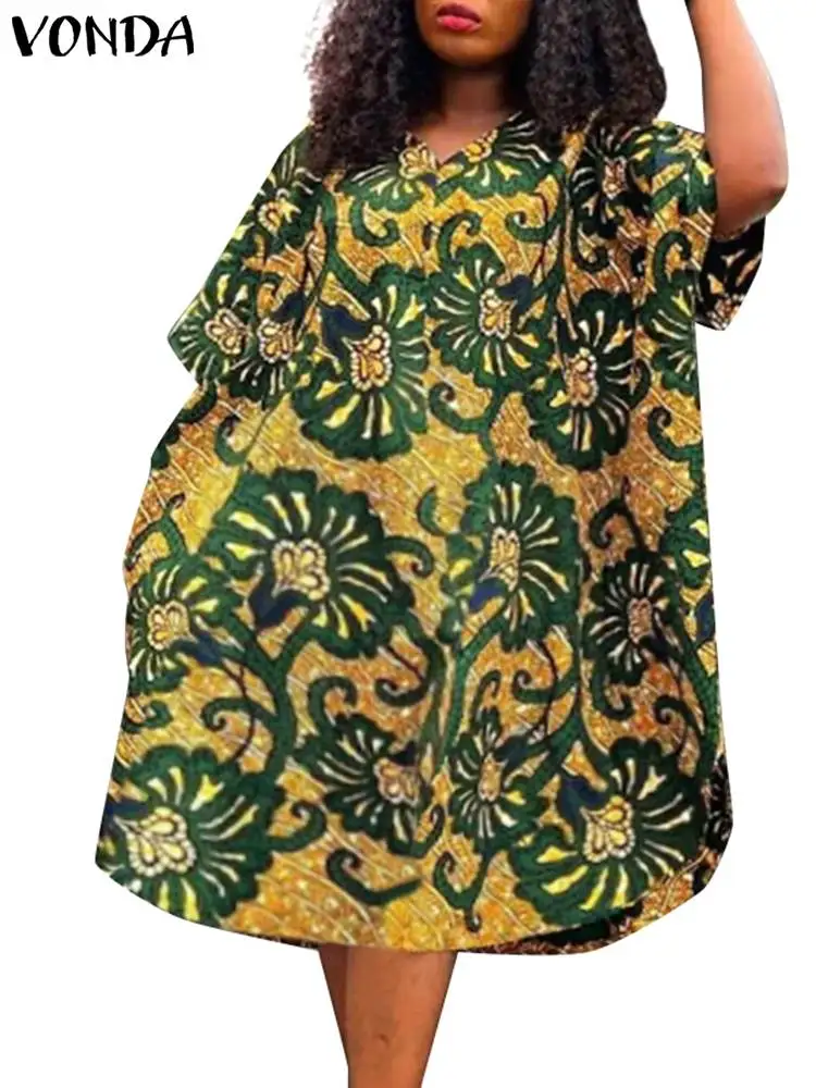 

Летнее платье VONDA в богемном стиле для женщин с цветочным принтом с коротким рукавом и V-образным вырезом длиной до колена Vestidos 2024 Повседневный свободный пляжный женский сарафан