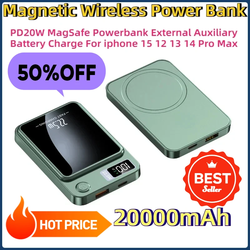 

Magnetic Wireless Power Bank PD20W Powerbank External Auxiliary Battery Charge 20000mAh for Iphone 15 12 13 14 Pro Max