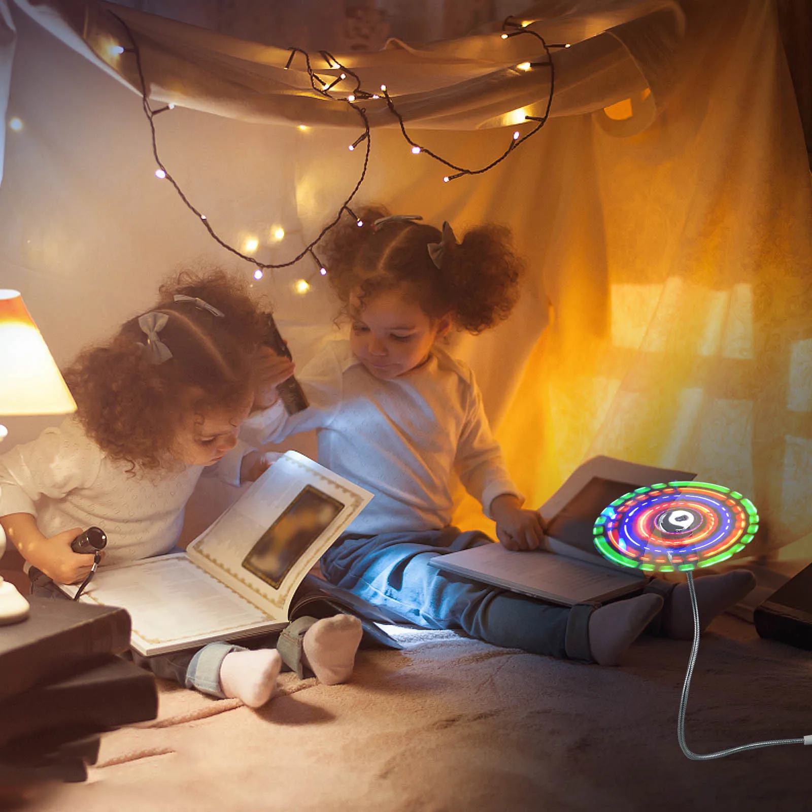 

2 pcs Mini Usb Fan Colorful Led Patterns Flexible Desktop Gaming Gift For Laptop Rgb Lighting Gadget Stocking Stuffer