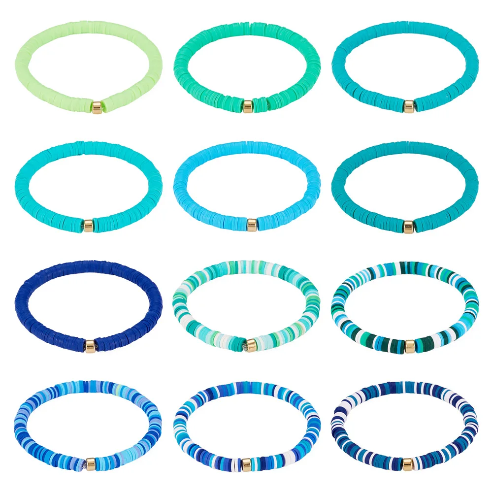 12pcs Stackable Blue Clay Beads Heishi Surfer Bracelets Set Flat Round Disc Polymer Clay Stretch Bracelets Jewelry for Women