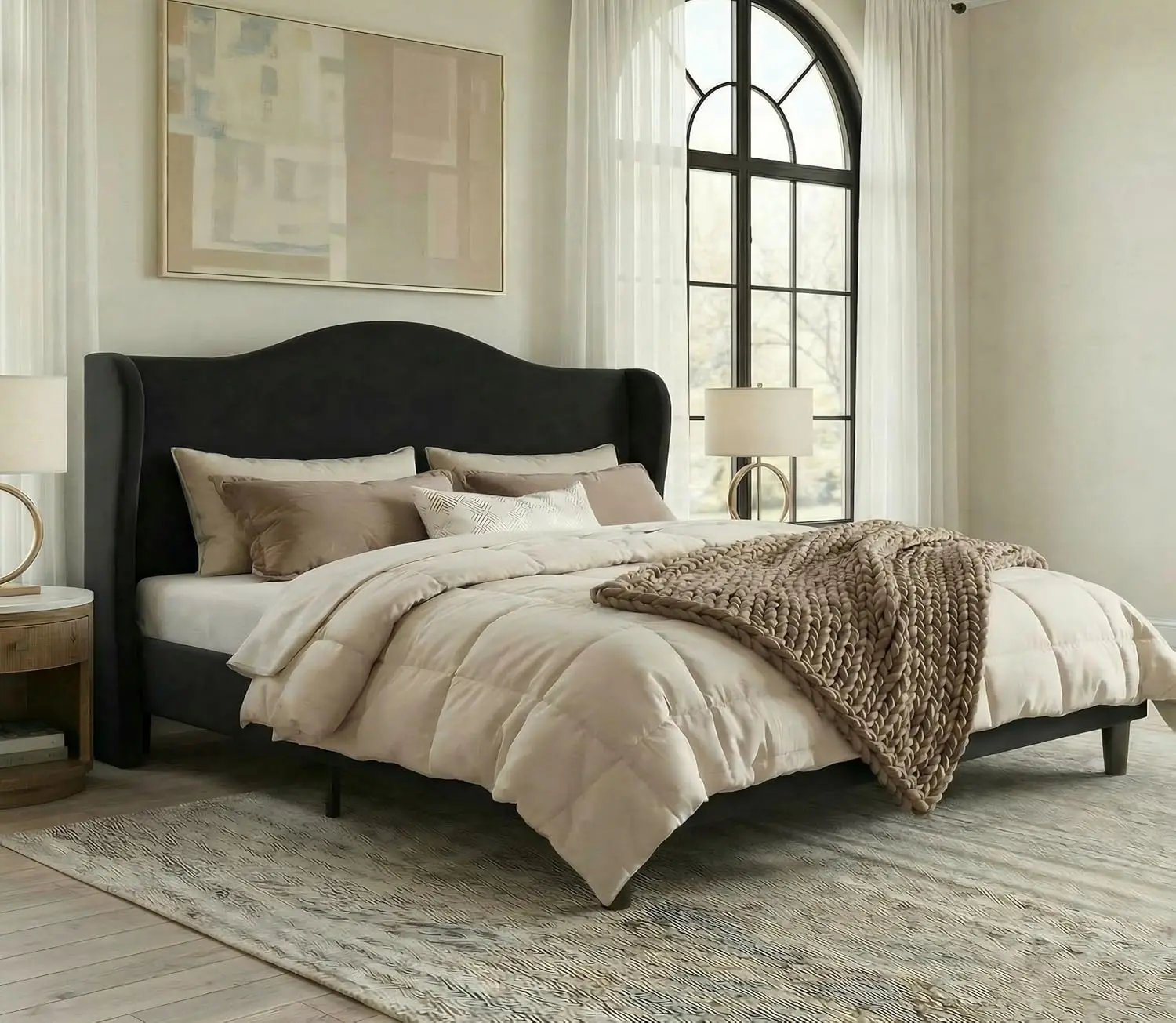 Plush Velvet Wingback King Bed Frame Modern Style Black, Customized
