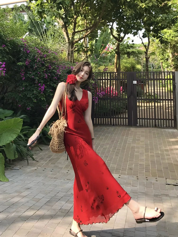 2024 Summer Korean Elegant Party Dress Women Casual Floral Print V-neck MIdi Dress Beach Style Backless Sexy Slim Sling Dress