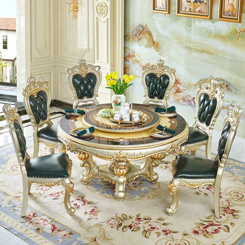 

European solid wood carving flower round dining table 1.5 meters 6 people round dining table French court dining