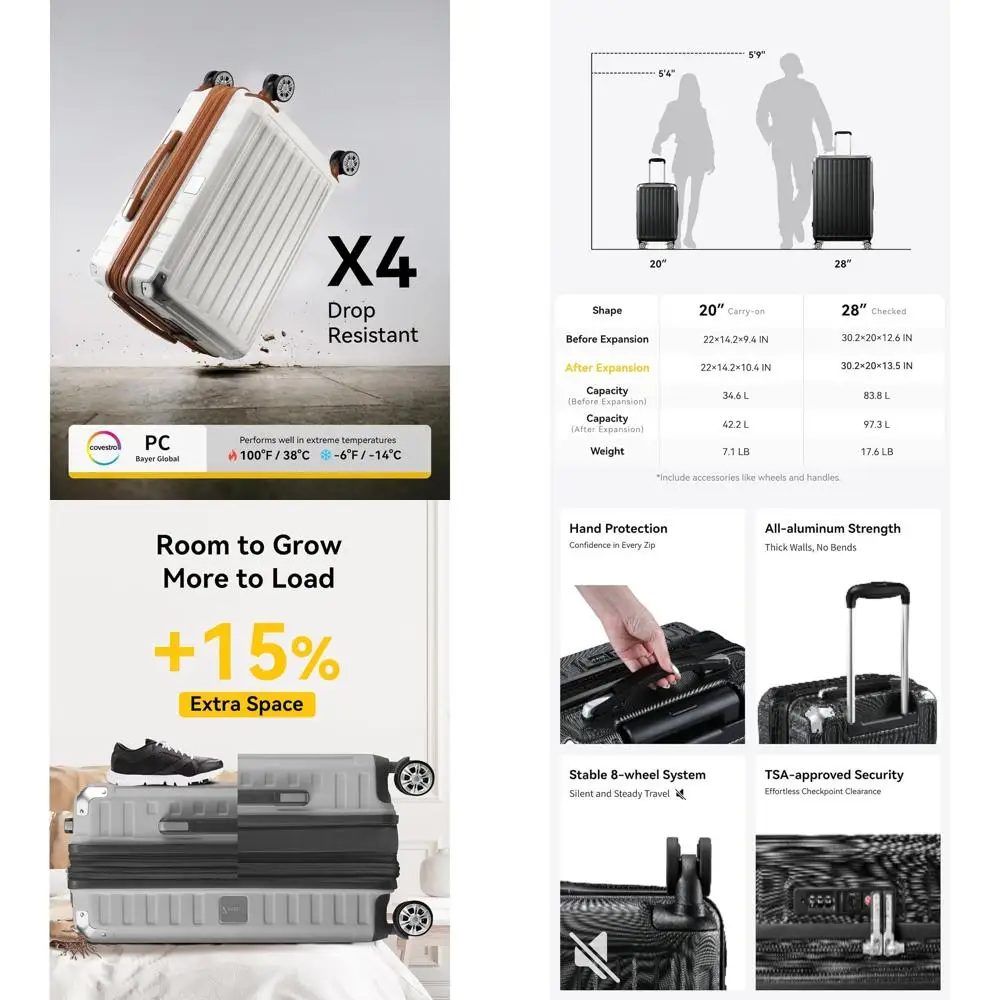 

28 Inch Expandable Hard Shell Suitcase with Spinner Wheels, Large Checked Luggage, Silver